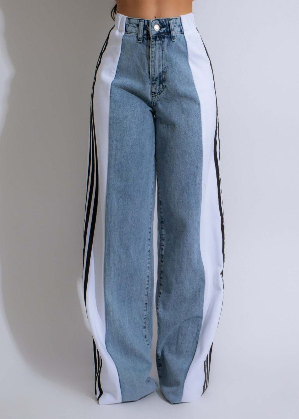 2024 Quality Elastic Straight Leg Three Stripe Denim Trousers Pants For Women - Image 4