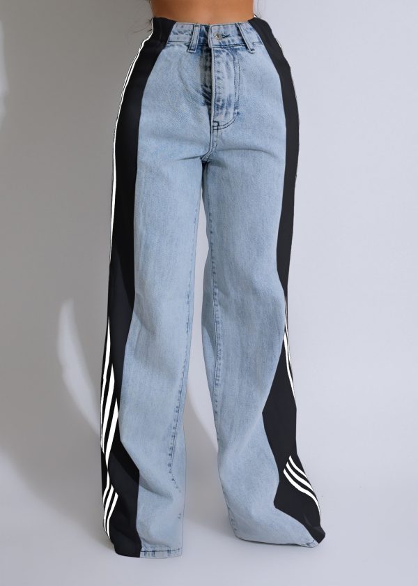 2024 Quality Elastic Straight Leg Three Stripe Denim Trousers Pants For Women - Image 6