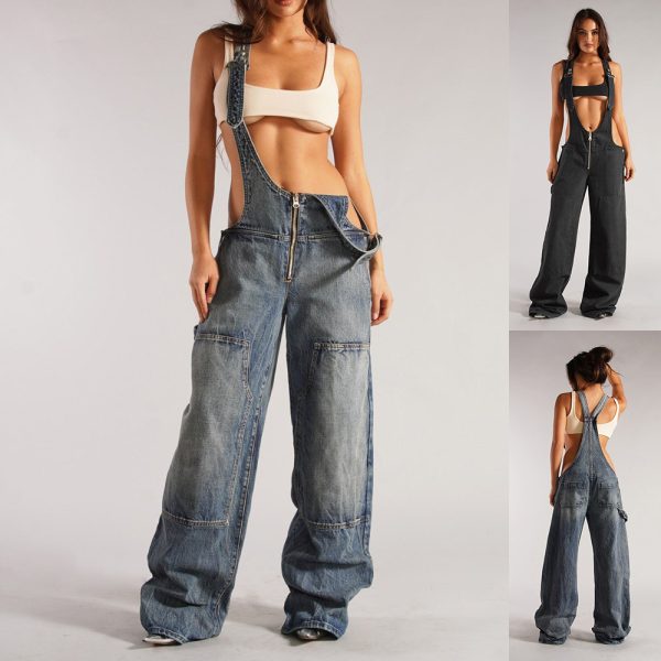 Quality Zipper Denim Loose Jumpsuit Jeans Pants For Women