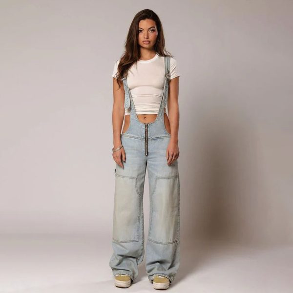 Quality Zipper Denim Loose Jumpsuit Jeans Pants For Women - Image 8