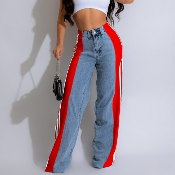 2024 Quality Elastic Straight Leg Three Stripe Denim Trousers Pants For Women - Image 7