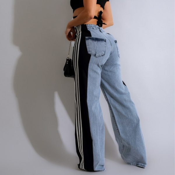 2024 Quality Elastic Straight Leg Three Stripe Denim Trousers Pants For Women - Image 3