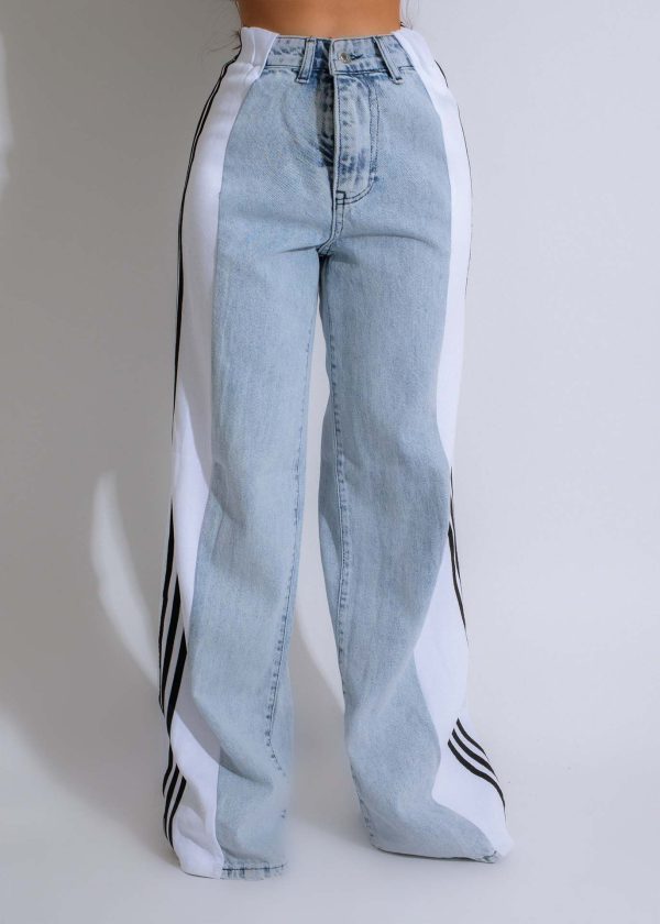 2024 Quality Elastic Straight Leg Three Stripe Denim Trousers Pants For Women - Image 9