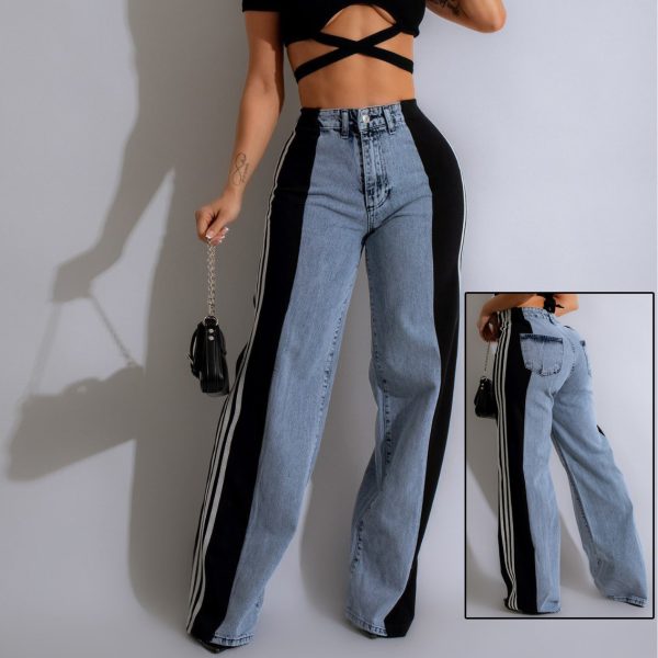 2024 Quality Elastic Straight Leg Three Stripe Denim Trousers Pants For Women