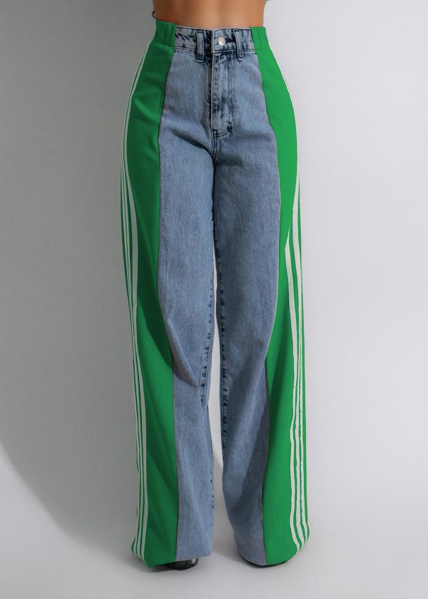 2024 Quality Elastic Straight Leg Three Stripe Denim Trousers Pants For Women - Image 5