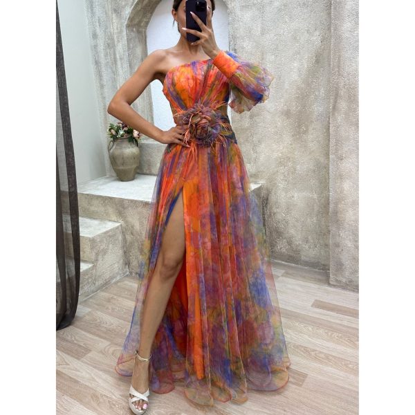 Quality Mesh Tie-dye Slit Dress Summer Long Dress For Women. - Image 5