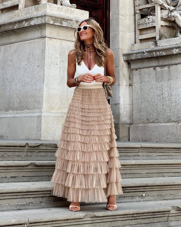 Quality Layered Ruffles Summer Mesh Long Skirt Dress For Women. - Image 5