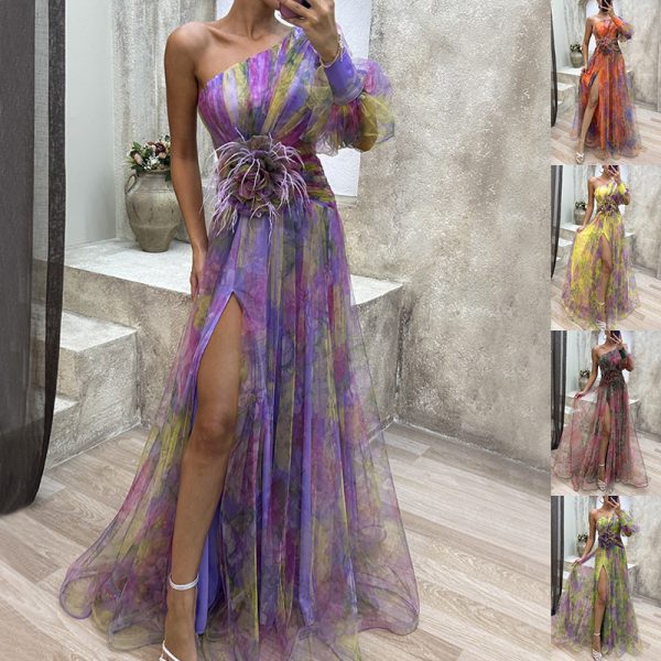 Quality Mesh Tie-dye Slit Dress Summer Long Dress For Women.