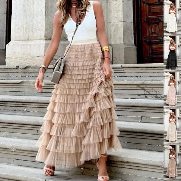 Quality Layered Ruffles Summer Mesh Long Skirt Dress For Women.