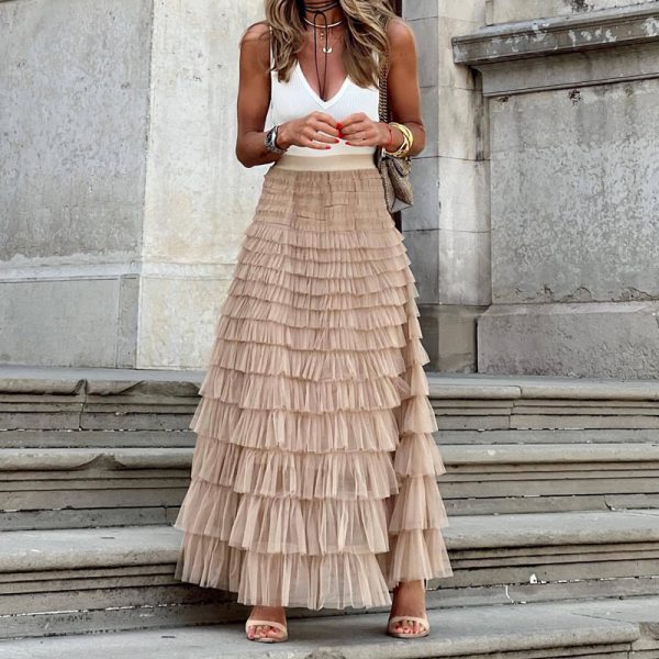 Quality Layered Ruffles Summer Mesh Long Skirt Dress For Women. - Image 7