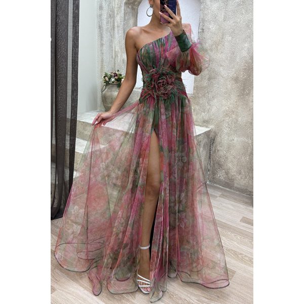 Quality Mesh Tie-dye Slit Dress Summer Long Dress For Women. - Image 4