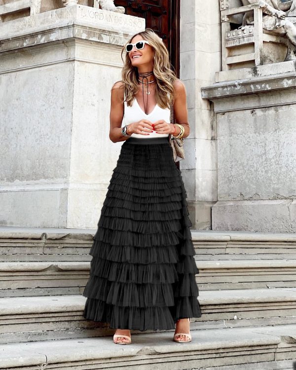 Quality Layered Ruffles Summer Mesh Long Skirt Dress For Women. - Image 2