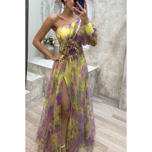 Quality Mesh Tie-dye Slit Dress Summer Long Dress For Women. - Image 3