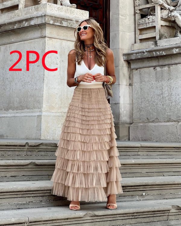 Quality Layered Ruffles Summer Mesh Long Skirt Dress For Women. - Image 6