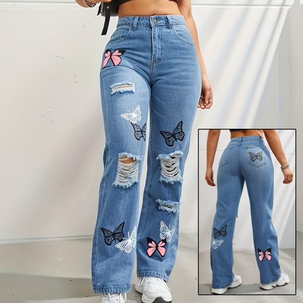 Quality Straight Ripped Denim Jean Pants For Women.